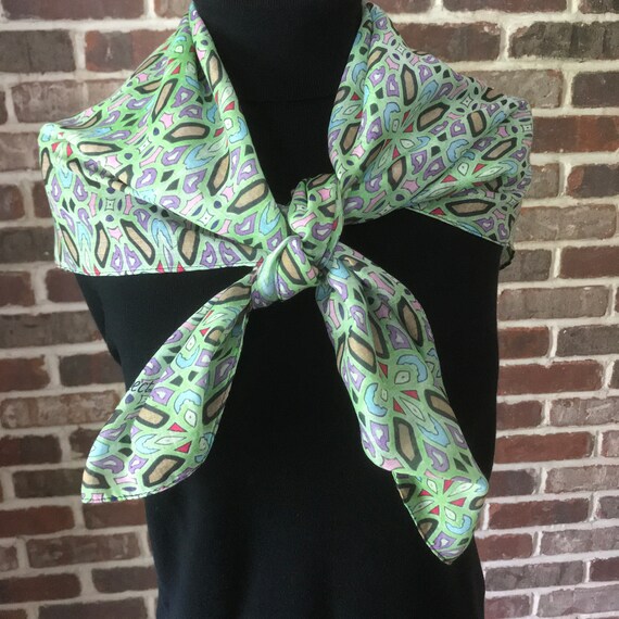 Wearable Art Scarf, Celtic Green Geometric Print Square Scarf, Soft Scarf, Hand Colored Art Wear Scarf