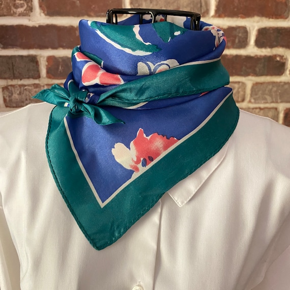 Vintage Elegant Floral Scarf Blue, Green with Pink Flower Design Scarf, Classic Square Scarf, Bandana Neck Scarf