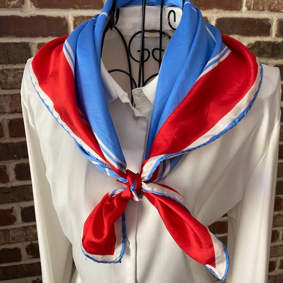 Vintage Vera Neumann Silk Scarf – Mod Diamond Print Square Scarf in Sky Blue & Cherry Red with White, Blue Hand Rolled Signed Designer Scarf