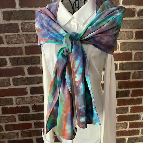 Tie-dye Boho Style Scarf Purple & Blue Ink Splash and Crosshatch Pattern, Artisan Design Chic, Long Scarf