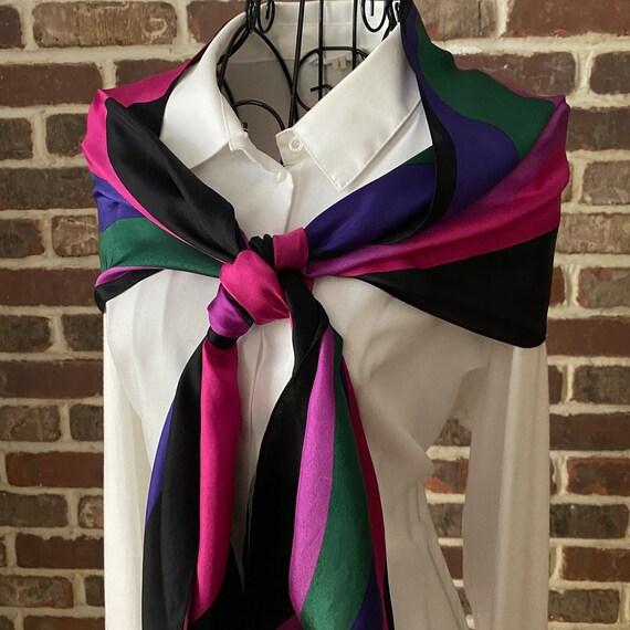 Rainbow Stripped Silk Scarf Geometric Print, 70s Mod in Striking Purple, Pink and Green Stripes, Oblong Silk Scarf