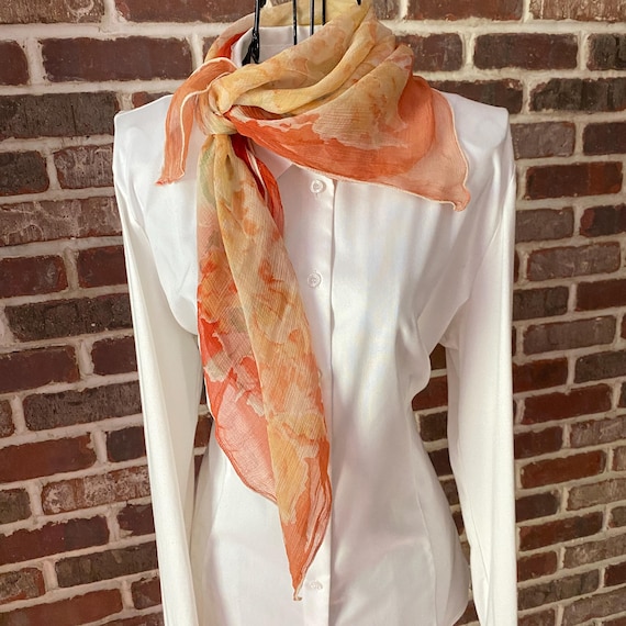 Vintage Melon Silk Crinkle Scarf, Italian Style Design Scarf Yellow Iris Floral Print Scarf