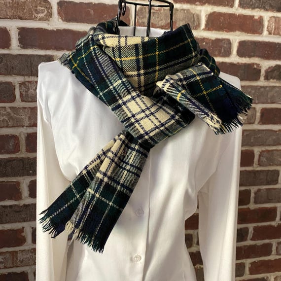 Vintage Pure Wool Celtic Plaid Scarf Classic Tartan Scarf in Blue, Green and Beige Made in Great Britain Distressed Fashion Scarf