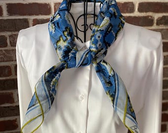 Vintage Burmel Geometric Square Scarf – Blue Green Black Abstract Floral Print -- Hand Rolled