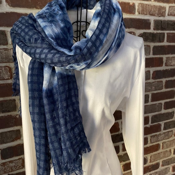 Blue Tie Dye Basketweave Scarf, Extra Long, Lighting Print