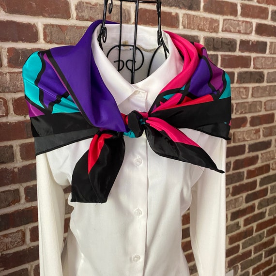 Vintage Geometric Design, 70s Mod Scarf, Fuchsia, Purple, Blue and Black Large Square Scarf