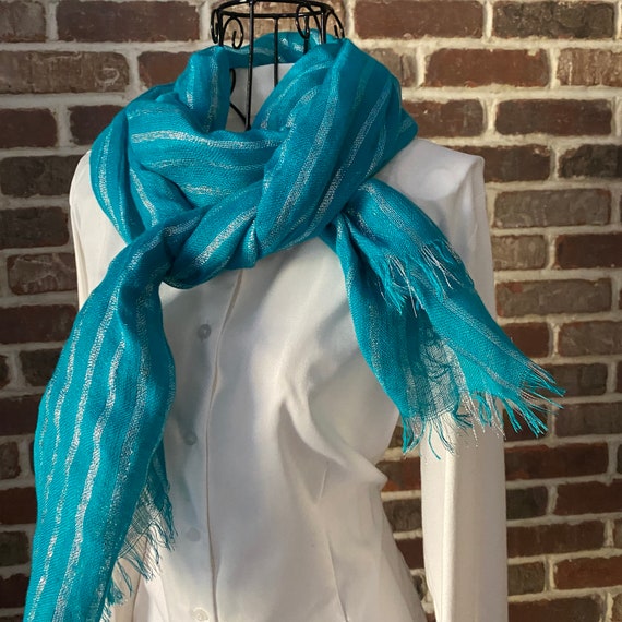 Mediterranean Vintage Turquoise & Silver Oblong Scarf – Blue Striped Fringe Turkish Style Wrap