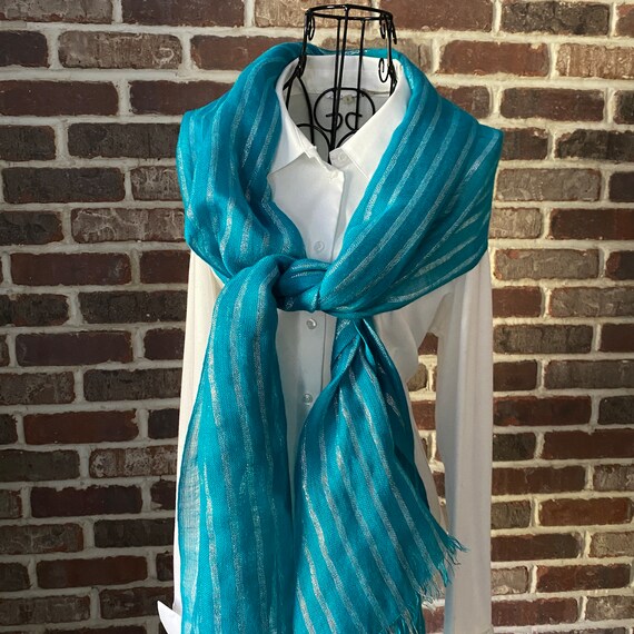 Mediterranean Vintage Turquoise and Silver Thread Oblong  Scarf, Blue Stripped Scarf with Fringe, Turkish Style Scarf, Unisex Scarf