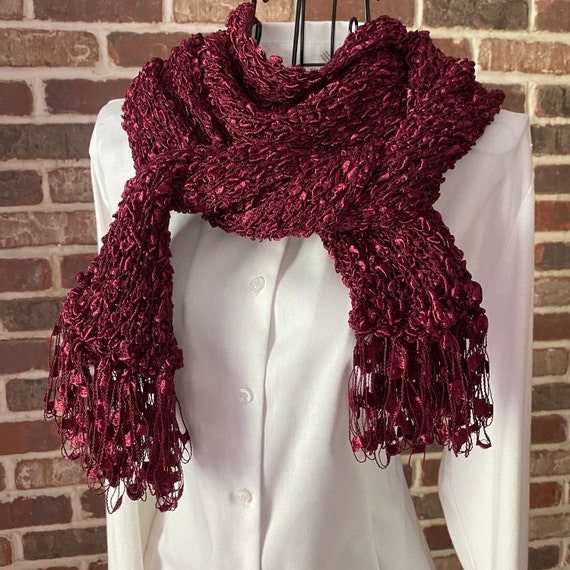 Vintage Cranberry Red Ladder Yarn Scarf, Intricately Weaved Confetti Scarf