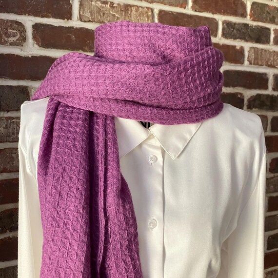 Distressed Vintage J.Jill Wool Waffle Purple Scarf Frayed Fringe Ends Textured Designer Scarf Casual and Cozy 100% Wool Shawl