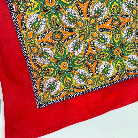 Vintage Byzantine Cotton Scarf, Preppy Bright Red Border with Central Intricate Pattern Square Scarf Maximalist Style