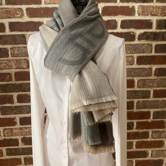 Chunky Fashion Vintage Calvin Klein Taupe and Grey Blanket Shawl Neutral Stripes Scarf