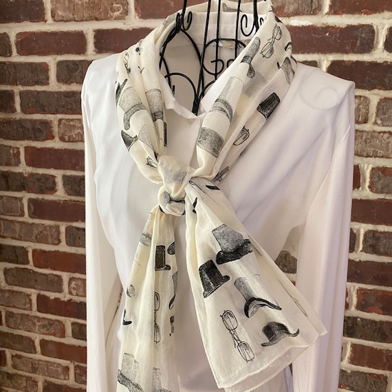 Vintage White Haberdasher Cotton Scarf, White and Black Scarf, Oblong Scarf