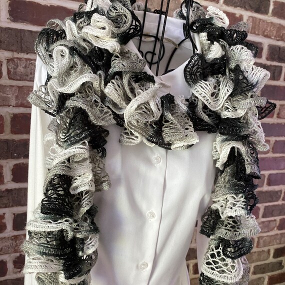 Vintage Crochet Ruffle Scarf, Black, White, Grey … - image 7