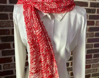 Vintage Boho Red Scarf, Open Weave Rustic Long Hobo Style Scarf