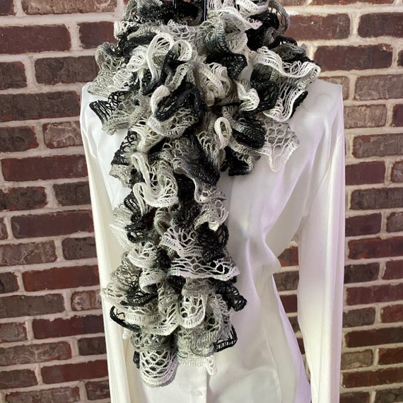 Vintage Crochet Ruffle Scarf, Black, White, Grey … - image 3