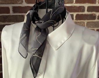 Vintage Wildflower Silk Scarf, Gray Ombre Botanical Print Neck Scarf, Cottagecore Luxury Neckerchief