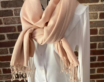 Vintage Dusty Rose Pashmina Style Scarf – Lightweight Wrap, Shawl with Fringe, Boho Chic Accessory
