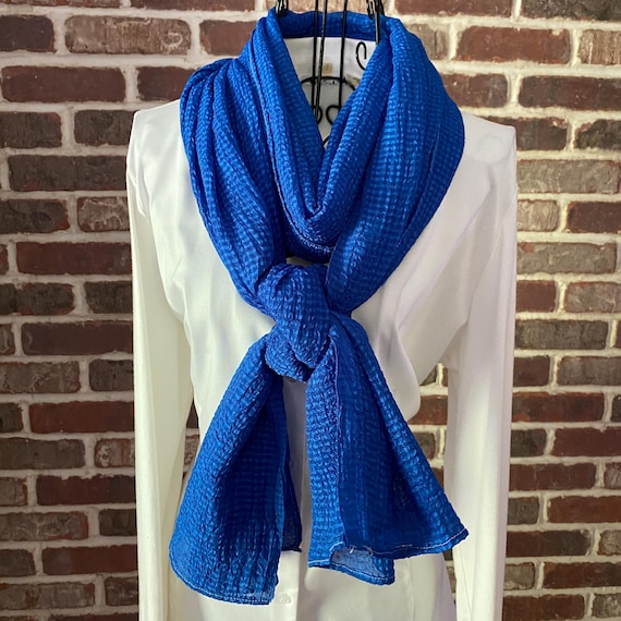 Vintage Cobalt Blue Textured Puckered Scarf, Extra Long Mediterranean Style All Season Wrap