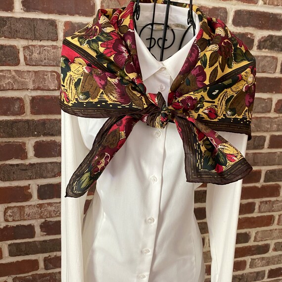 Vintage Botanical Italian Style Designed Scarf, Brown, Mustard Yellow, Green Scarf, Tailored 80s Style