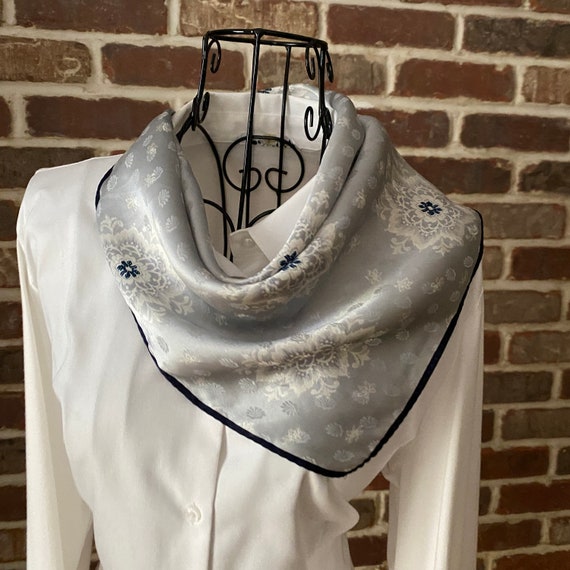Chinese Grey Silk Scarf with Blue Border, Classic Squ… Gem