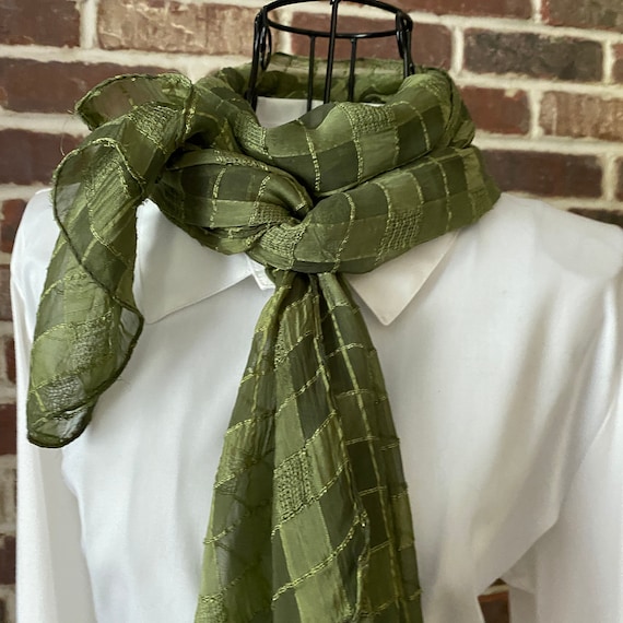 Vintage Olive Green Embroidered Scarf, Plaid Scarf