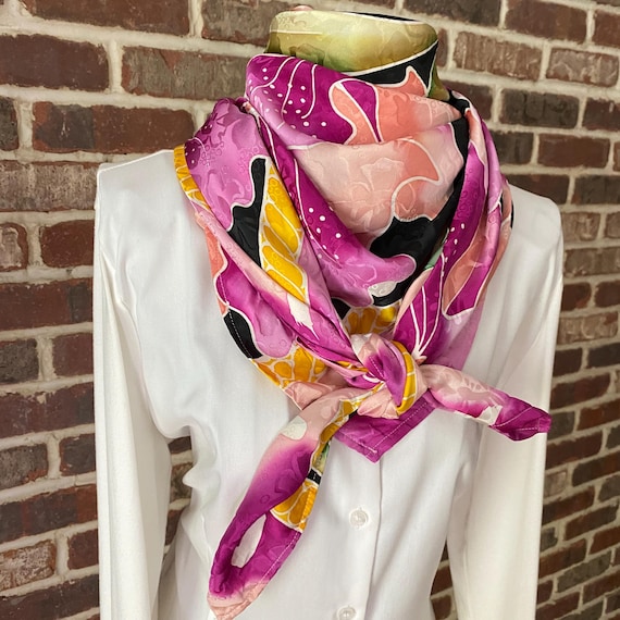 Vintage Hawaiian Lily Silk Twill Scarf by Si-An. Damask Embossed with Vibrant Colors of Pink, Peach, Purple, Black, Green Square Silk Scarf