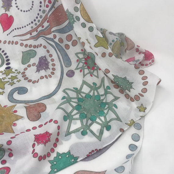 Celestial Stars, Hearts and Swirls Square Scarf, Soft Hand Colored Scarf, Wearable Art Scarf