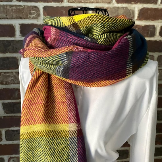 Vintage Celtic Tartan Blanket Scarf, Blue, Red and Yellow Plaid Shawl with Frayed Edges Preppy Style Scarf