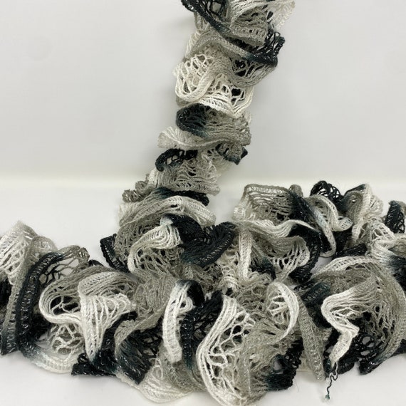 Vintage Crochet Ruffle Scarf, Black, White, Grey … - image 10