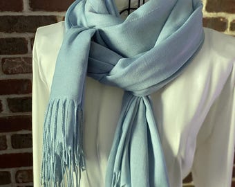 Vintage Turkish Ozsoy Shawl, Sky Blue Pashmina Style Scarf with Fringe, Fine Weave Wrap
