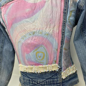 Barbiecore Embellished Denim Jacket – Cotton Candy Pink & Blue Upcycled Tie-Dye Silk, Pink, Blue Trim, Pearl Beads Ladder Yarn, Size Small