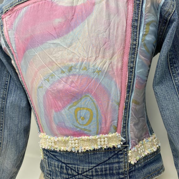 Barbiecore Embellished Denim Jacket – Cotton Candy Pink & Blue Upcycled Tie-Dye Silk, Pink, Blue Trim, Pearl Beads Ladder Yarn, Size Small