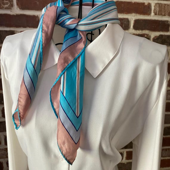 Vintage Striped Silk Scarf – Preppy Bandana Style Neck Scarf in Classic Colors, Blue, White, Dusty Rose
