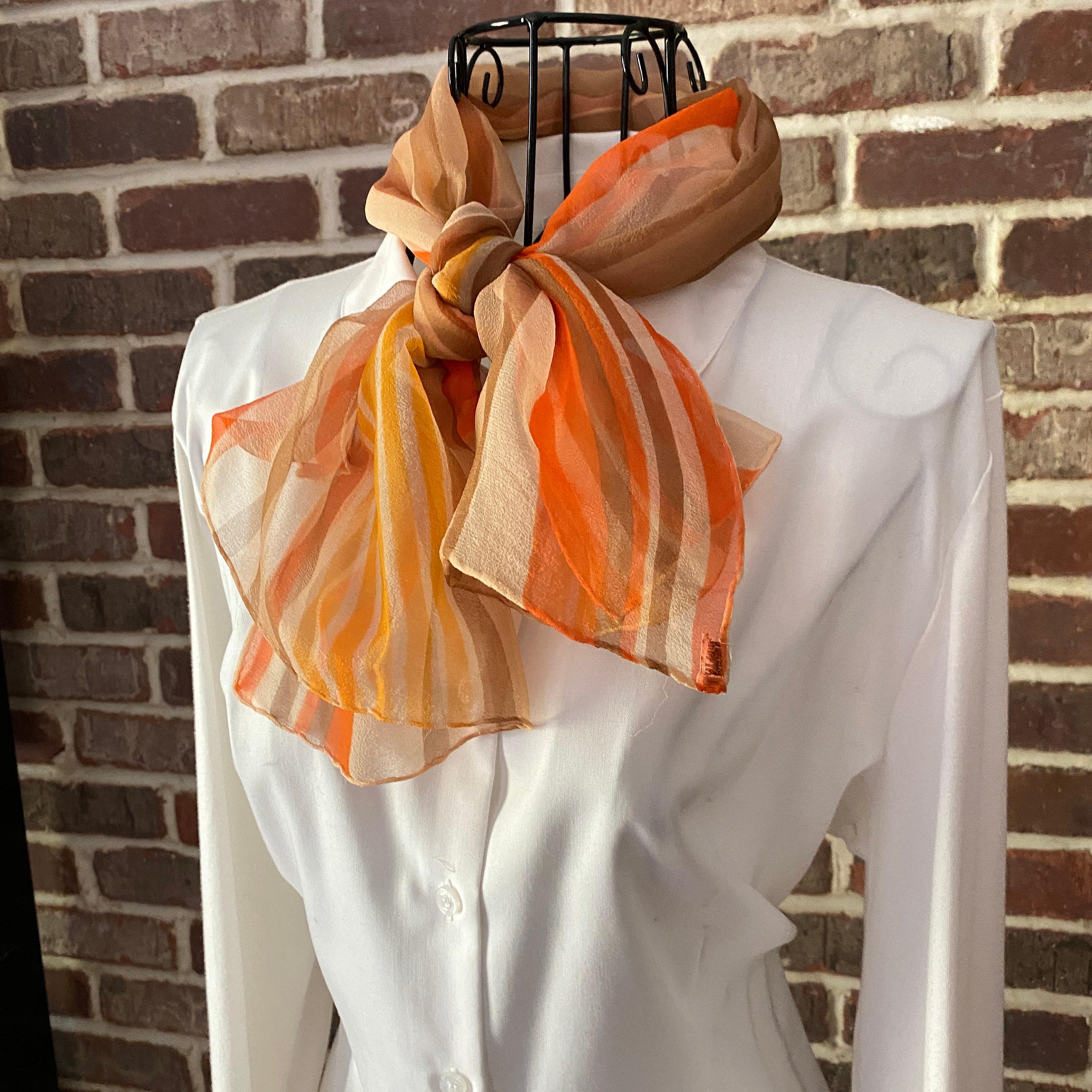 Vintage Orange Striped Silk Scarf Authentic 70s Mod Neck Scarf Oblong Fall Scarf