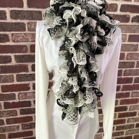 Vintage Crochet Ruffle Scarf, Black, White, Grey … - image 4