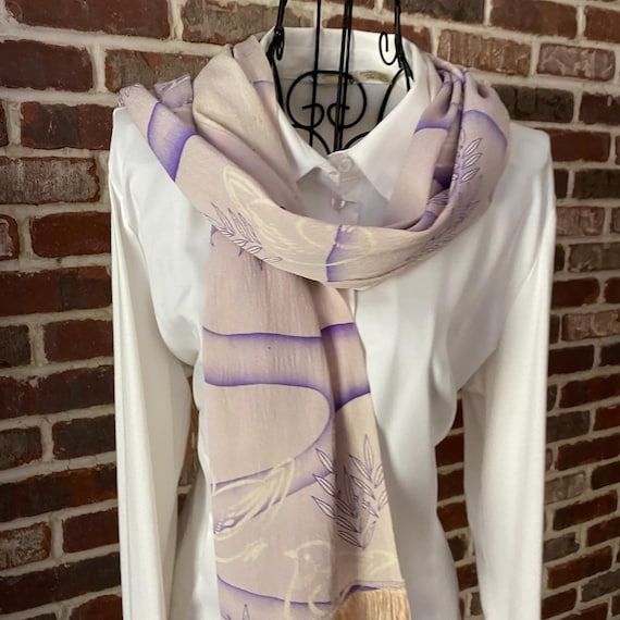 Vintage Japanese Silk Scarf – Extra Long Pastoral Duck and Pond Design in Purple & Pink with Fringe Trim