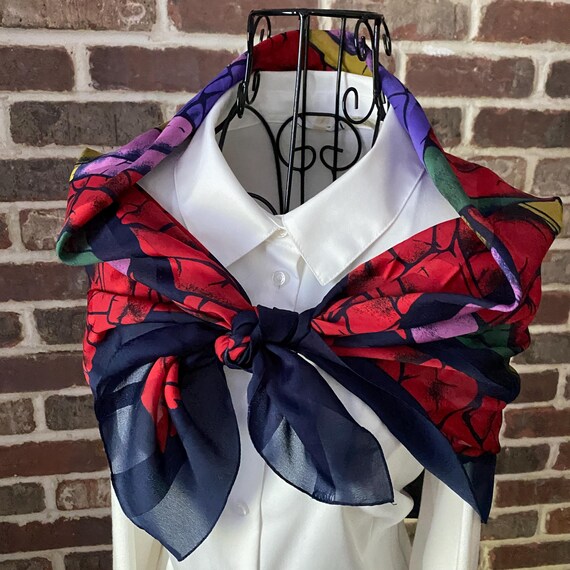 Vintage Abstract Stone Design Scarf, Sheer and Opaque Fabric Navy, Purple, Pink and Red Square Scarf Extra Large Scarf