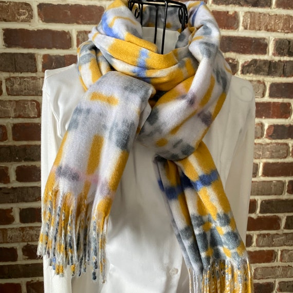 Vintage Tie-dye Plaid Wool Scarf, Grey, Yellow, Blue White and Pink Plaid Scarf with Fringe Ends