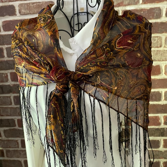 Vintage Silk Gypsy Shawl – Abstract Floral Print in Red and Caramel, Black Fringe, Spanish Style Wrap with Gold Accents