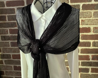 Vintage Black Slinky String Scarf, Long Sparkly ChainMail Style Boa, Goth Style Lampshade Fringe