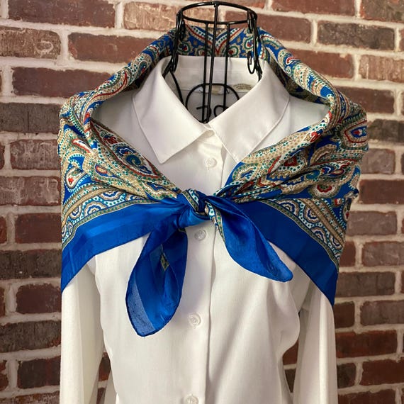 Vintage Cobalt Blue Paisley and Mosaic Square Scarf Elegant Neck Scarf Sheer and Opaque Fabric Texture Scarf Pinpoint Embroidery Border
