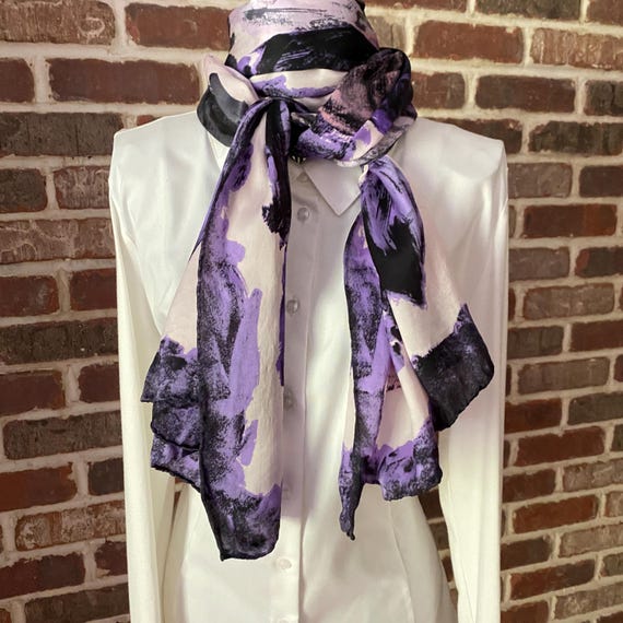 Vintage Abstract Tie-dye Silk Scarf Heart and Block Print Long Purple, Pink and Black Oblong Scarf