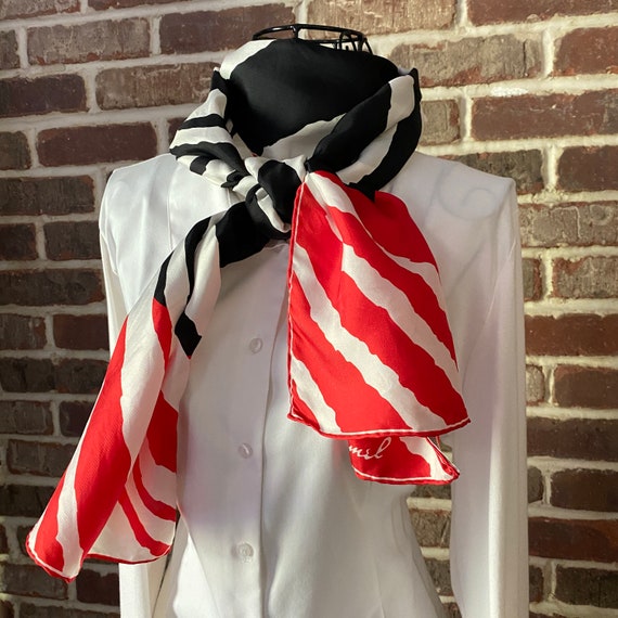 Vintage Burmel Tiger Print Silk Scarf – Vibrant White, Black & Red Striped Long Oblong Wrap