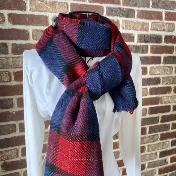 Vintage Tartan Red and Blue Scarf, Plaid Scarf with Frayed Fringe