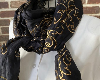 Vintage silk long scarf \\Sheer silk scarf Flowers on black silk scarf Present for women Black sheer silk scarf floral print