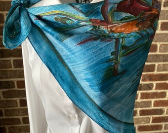 Vintage Blue Square Scarf for Women, Ballet Motif Print Scarf