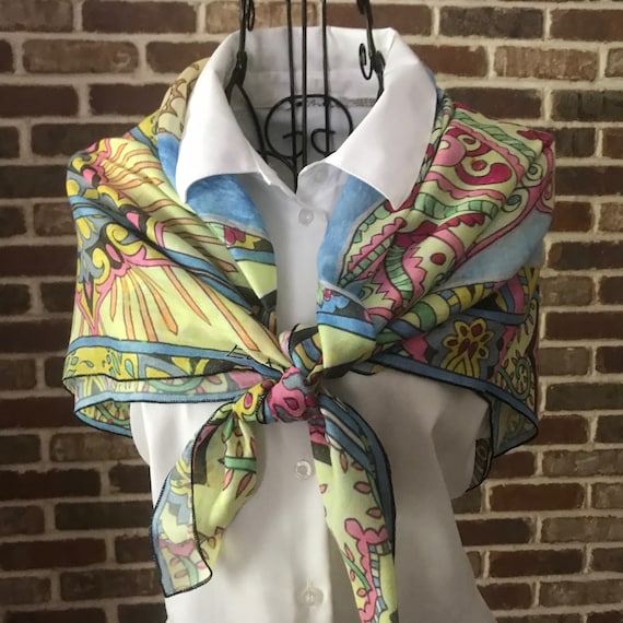 Namaste Bendi Henna Hand Design Wearable Art Scarf Super Soft Square Shawl Flower Power Print Scarf, Original Design Scarf
