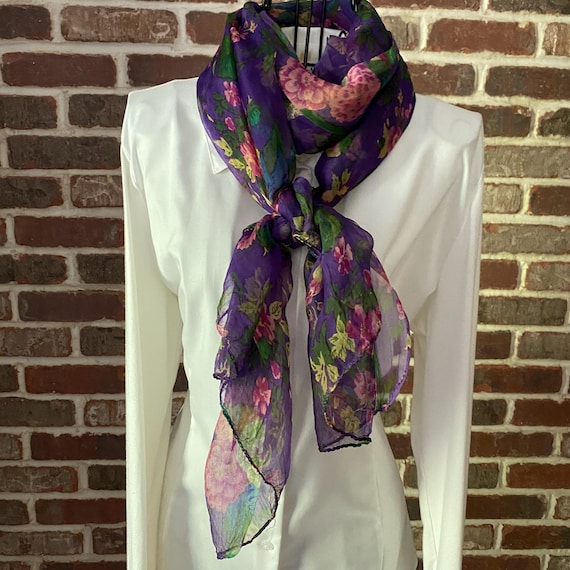 Romantic Vintage Scarf – Coquette Style Peony Print, Pink & Purple Sheer Oblong Shawl