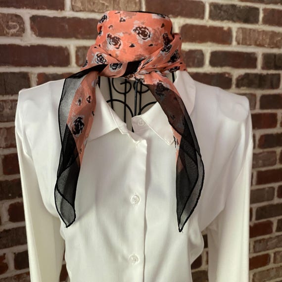 Vintage Retro Peach Floral Sheer Square Scarf, Delicate Flowers & Black Border Preppy Look -- Made in Italy